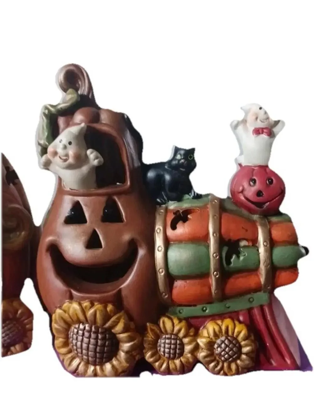 Light Up Halloween Pumpkin Train Décor Set with Ghosts and Black Cat